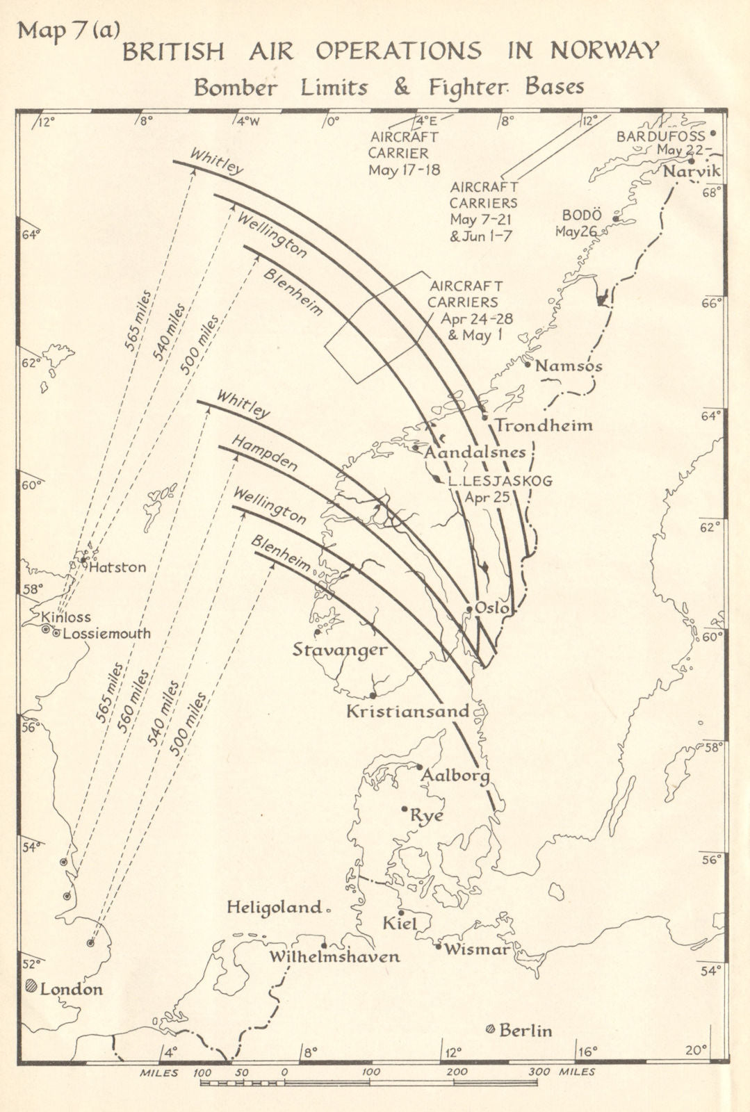 Norway -  British Air Operations 1940. Bomber Limits Fighter Bases. WW2 1952 map